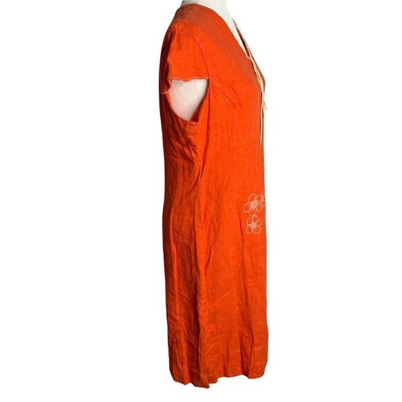 Vintage 80s Harve Benard Linen Shift Dress M Orange Leather Accents - Picture 6 of 7